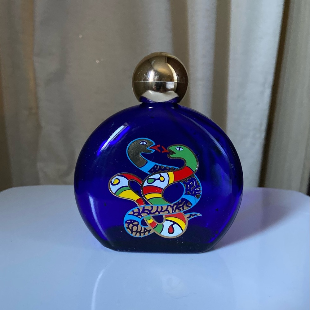 Vintage 80s 1980s Nikki de St. Phalle cobalt Blue Glass perfume bottle Snake